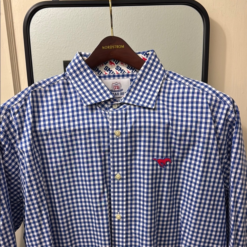 Thomas Dean SMU Blue Dress Shirt Gingham Check
